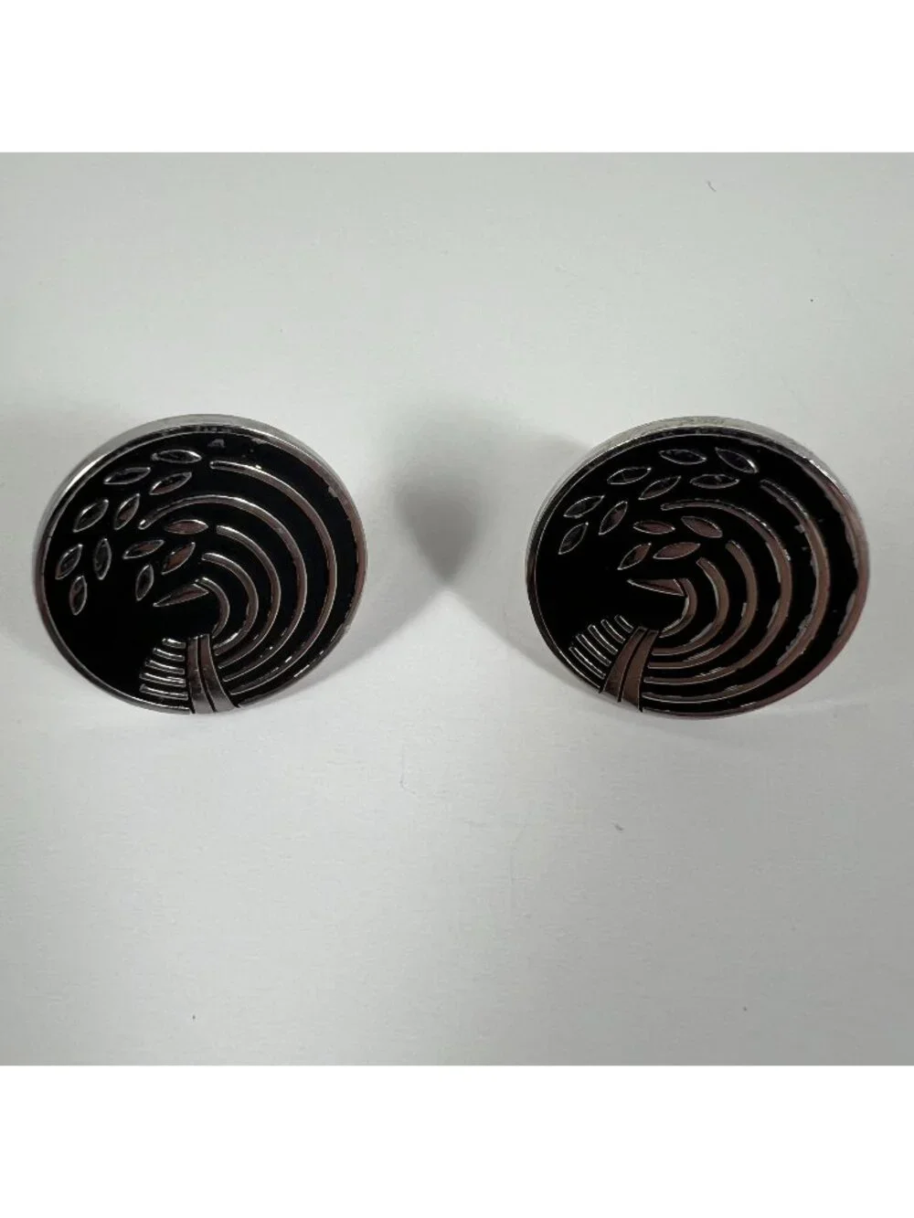 Vintage Swank Silver-Tone Black Enamel Round Cufflinks With Abstract Tree Design